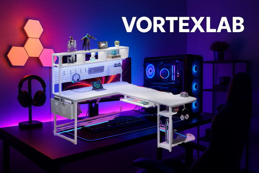 Bureau Gaming en L ZHUXIANG – Bureau Gamer LED avec Multiprise, Pegboard et Angle Réversible pour Setup Gaming ou Télétravail