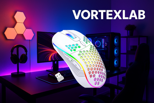 Souris Gaming Blanche Sans Fil – VortexLabs, Ultra Légère 62g, 12 000 DPI, RGB