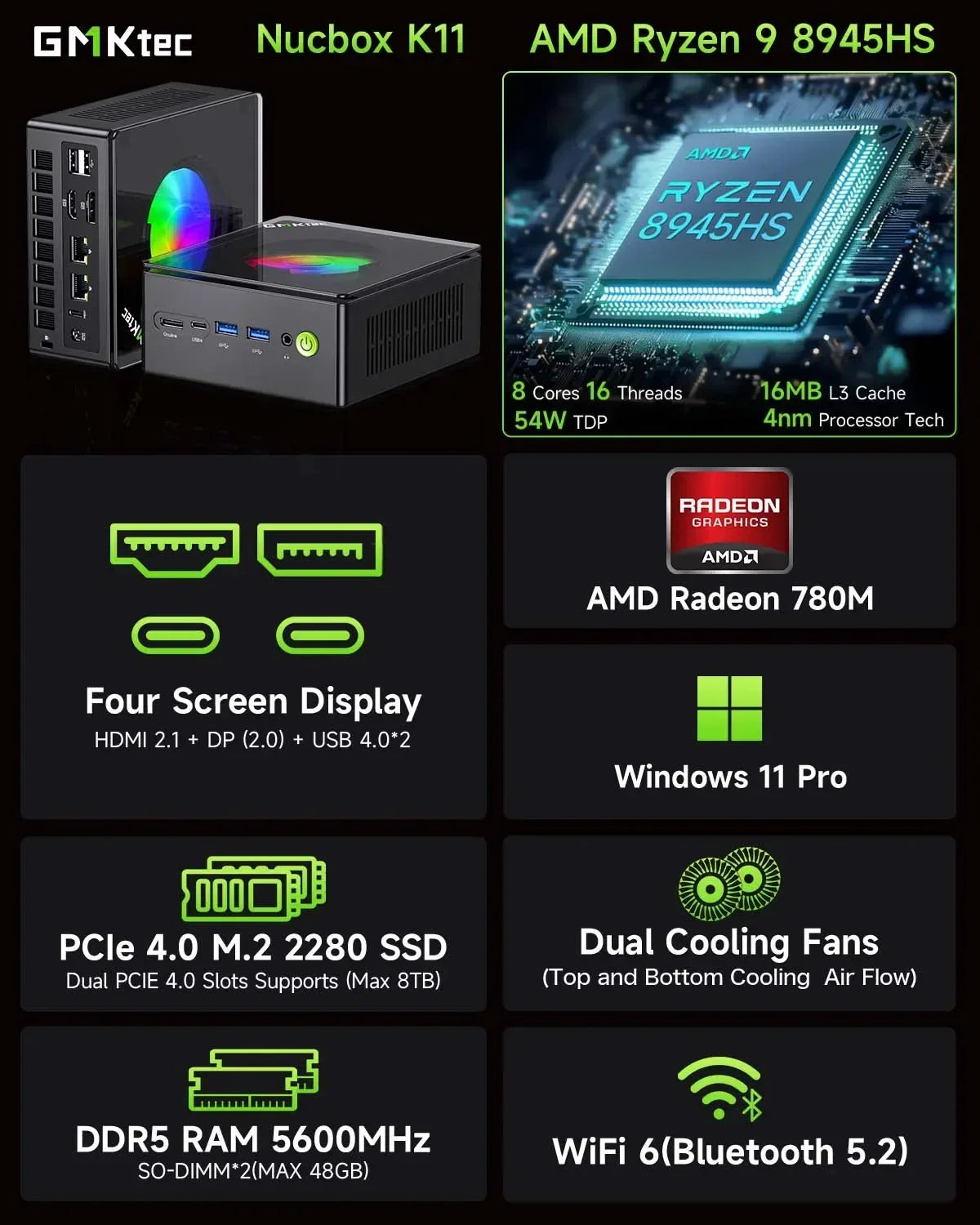 Mini PC GMKtec K11 – Ryzen 9 8945HS, Radeon 780M, 32Go RAM, 1To SSD | Compact, Silencieux & Puissant