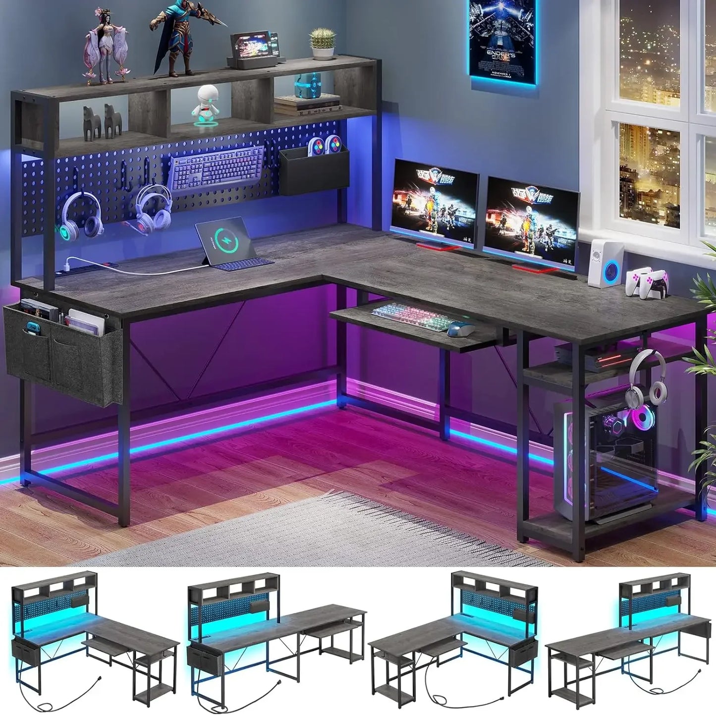 Bureau Gaming en L ZHUXIANG – Bureau Gamer LED avec Multiprise, Pegboard et Angle Réversible pour Setup Gaming ou Télétravail
