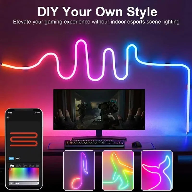 Ruban LED Néon RGBIC USB KUALOOL – Éclairage Flexible, Contrôle Bluetooth & Ambiance Colorée