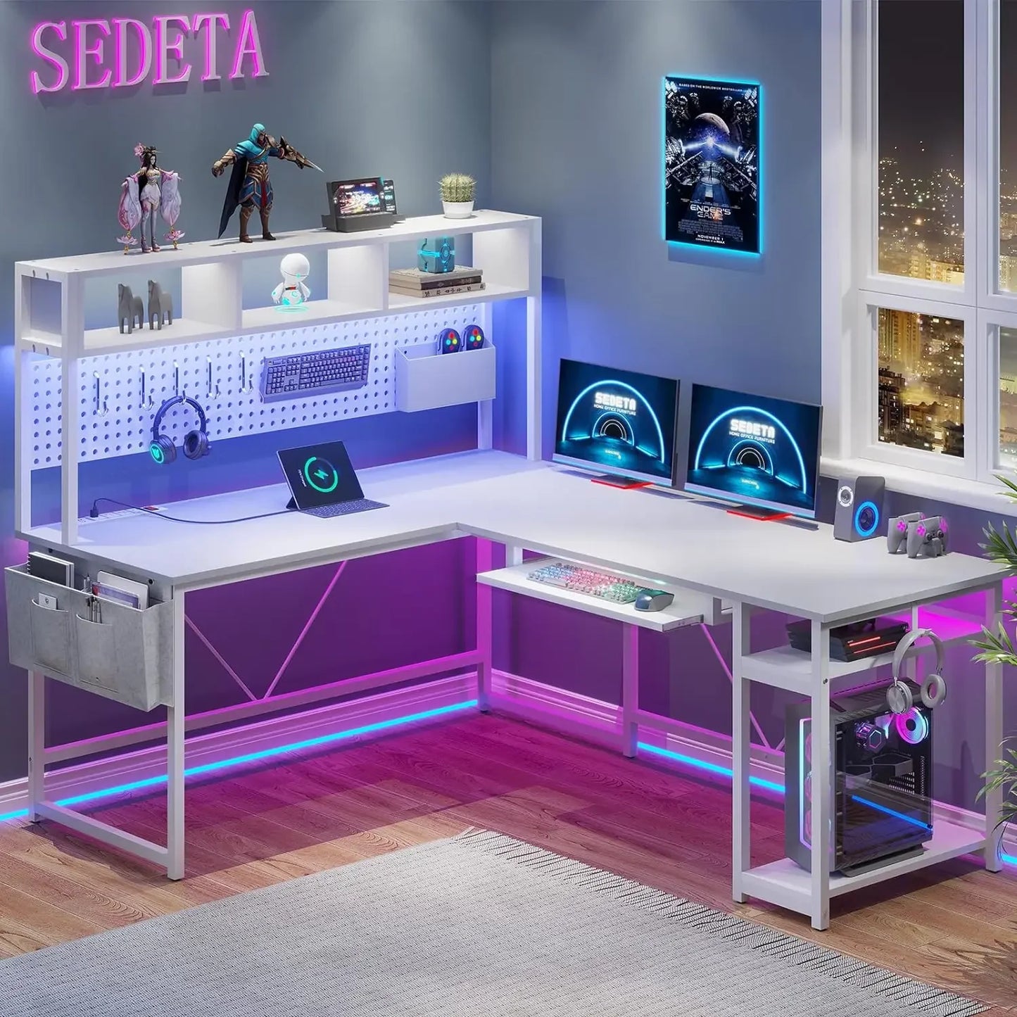 Bureau Gaming en L ZHUXIANG – Bureau Gamer LED avec Multiprise, Pegboard et Angle Réversible pour Setup Gaming ou Télétravail