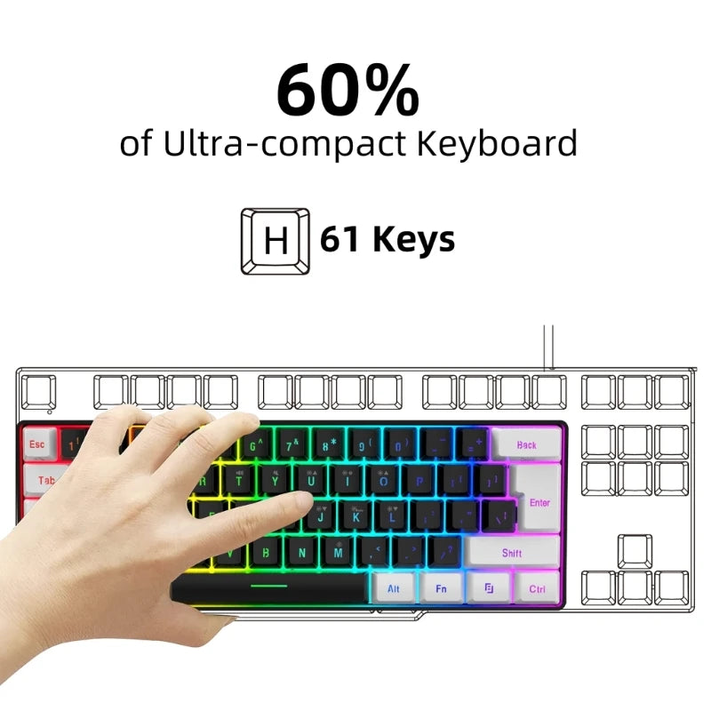 Clavier Gaming Filaire Compact – V700WB, 61 Touches, Rétroéclairé, Effet Mécanique