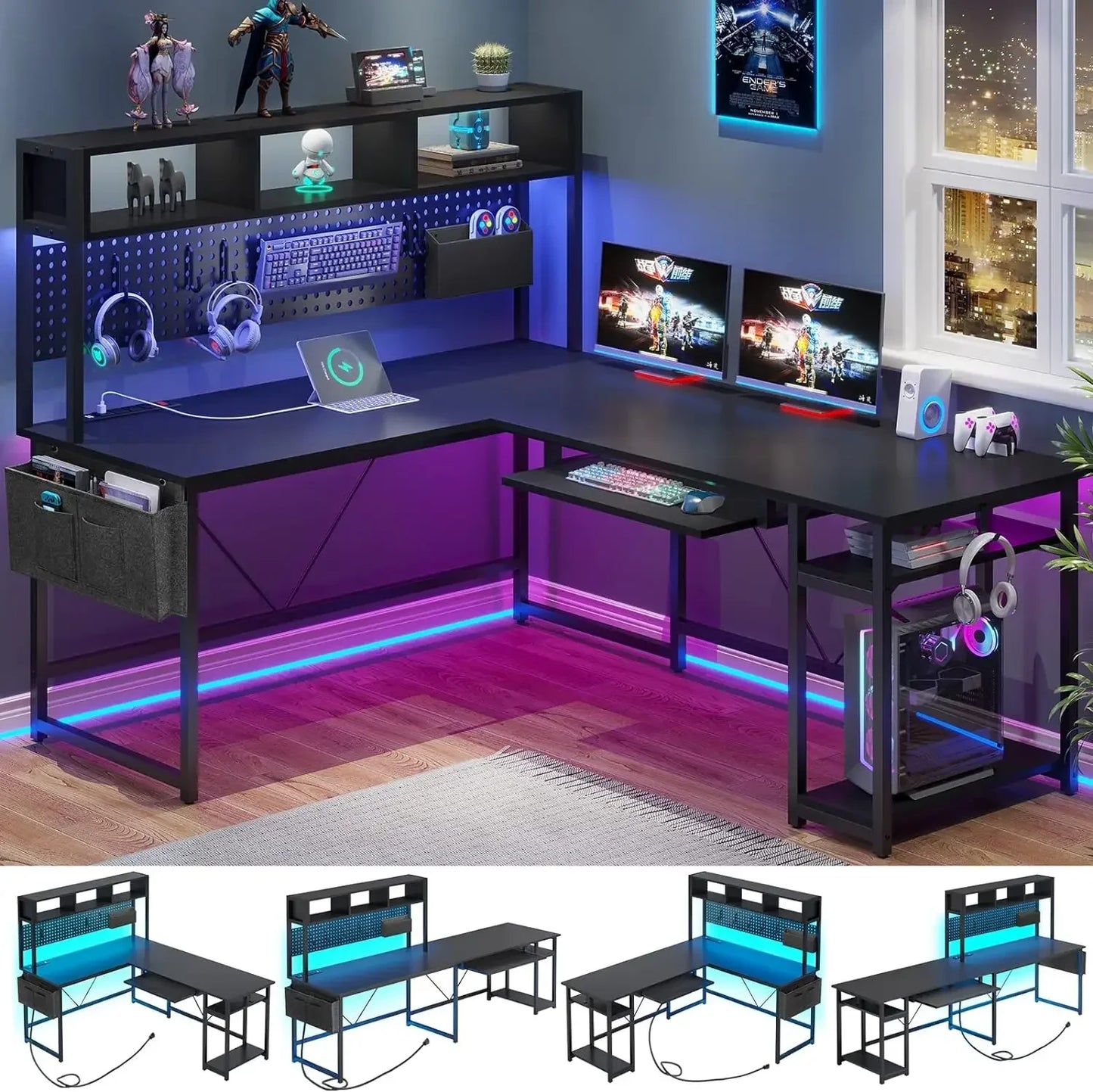 Bureau Gaming en L ZHUXIANG – Bureau Gamer LED avec Multiprise, Pegboard et Angle Réversible pour Setup Gaming ou Télétravail