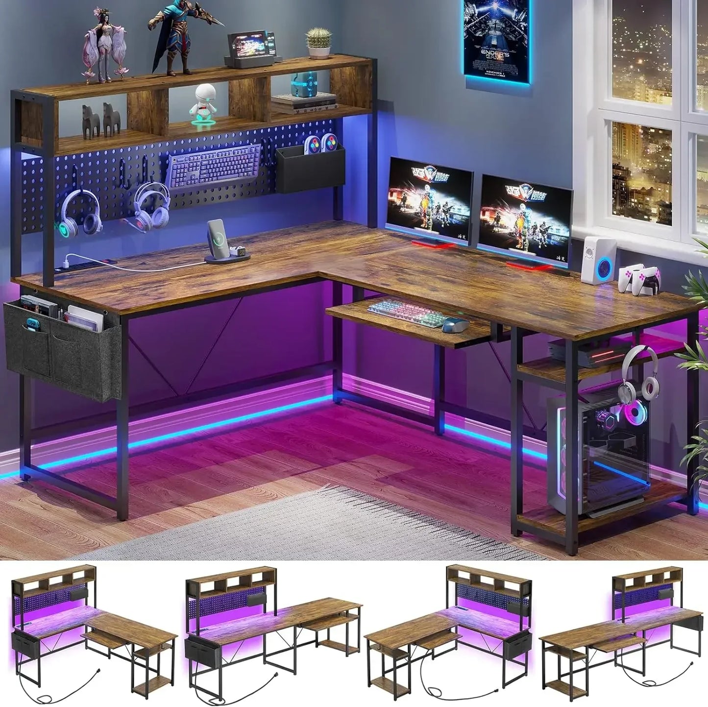 Bureau Gaming en L ZHUXIANG – Bureau Gamer LED avec Multiprise, Pegboard et Angle Réversible pour Setup Gaming ou Télétravail