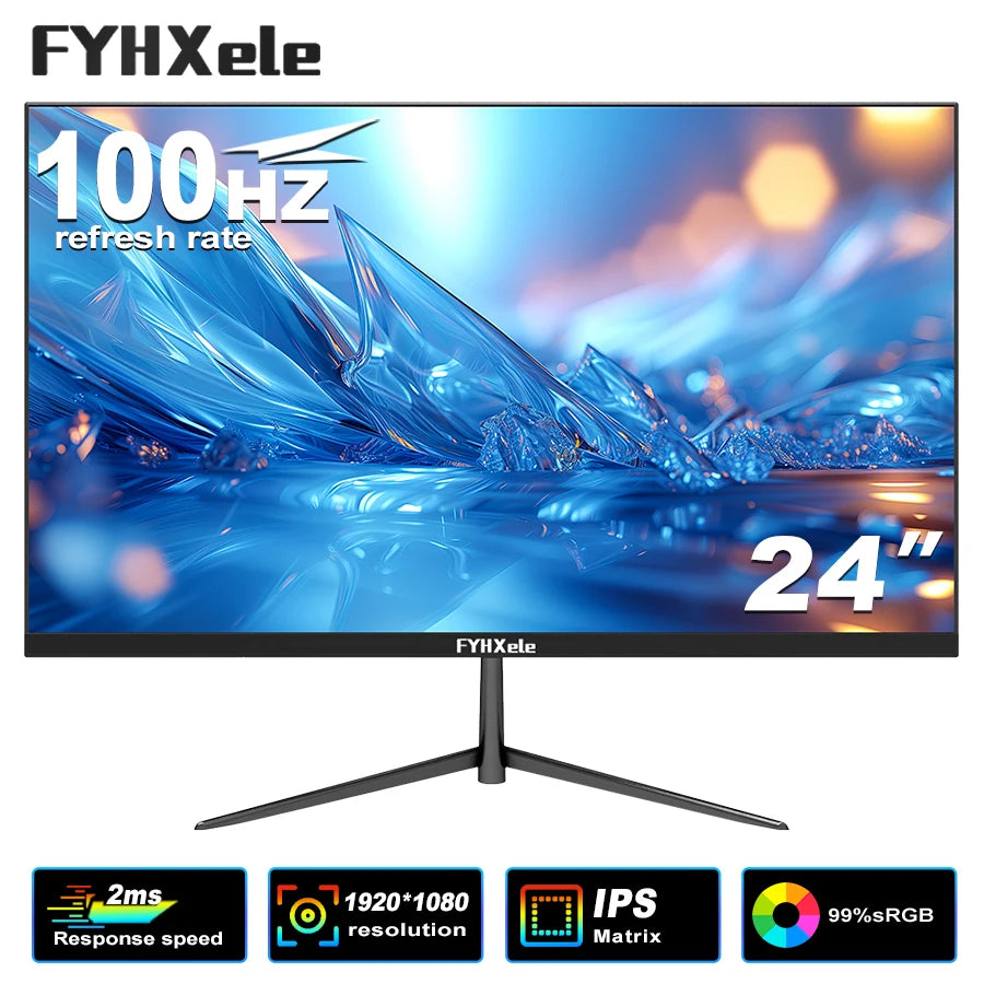 Moniteur Gaming 24" FYHXele – IPS, 100Hz, 2ms, FreeSync & Haut-Parleurs Intégrés pour Bureaux et Setups Gamer
